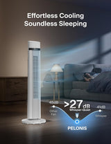 PELONIS 40 Inch Bladeless Tower Fan for Bedroom, Standing Fan with Remote Control, 26Ft/S, 90° Oscillation, 3 Speed Settings, 27Db, 3 Modes, 15-Hour Timer, LED Display, Fan That Blows Cold Air, White